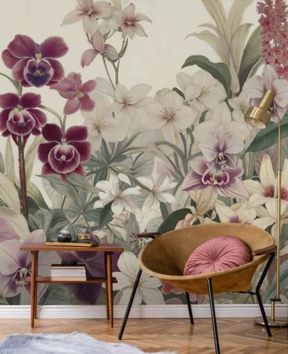 Weißes und lila Wandbild mit Blumenmuster namens The Tenderness of Orchids von Marina Stupakova für Schlafzimmer und Wohnzimmer Weißes und lila Wandbild mit Blumenmuster namens The Tenderness of Orchids von Marina Stupakova für Schlafzimmer und Wohnzimmer