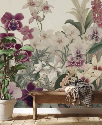 fresque murale à motif floral blanc et violet intitulée La tendresse des orchidées de Marina Stupakova pour les chambres et les salons fresque murale à motif floral blanc et violet intitulée La tendresse des orchidées de Marina Stupakova pour les chambres et les salons