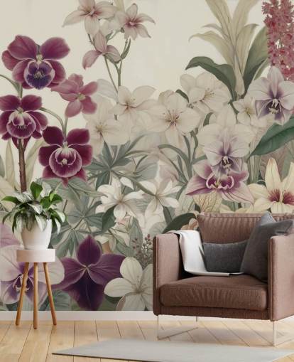 murale con motivo floreale bianco e viola chiamato The Tenderness of Orchids di Marina Stupakova per camere da letto e salotti