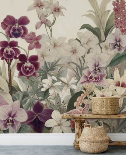 fresque murale à motif floral blanc et violet intitulée La tendresse des orchidées de Marina Stupakova pour les chambres et les salons