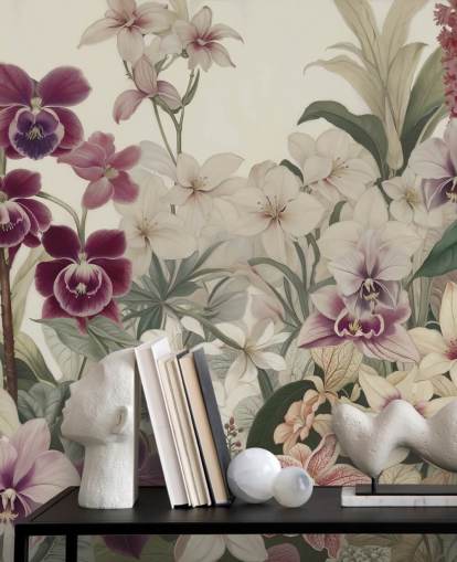 witte en paarse muurschildering met bloemenpatroon genaamd The Tenderness of Orchids van Marina Stupakova voor slaapkamers en woonkamers witte en paarse muurschildering met bloemenpatroon genaamd The Tenderness of Orchids van Marina Stupakova voor slaapkamers en woonkamers