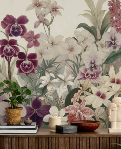 white and purple floral pattern wall mural called The Tenderness of Orchids by Marina Stupakova for bedrooms and living rooms