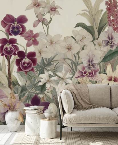 white and purple floral pattern wall mural called The Tenderness of Orchids by Marina Stupakova for bedrooms and living rooms