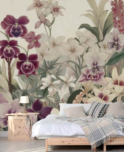 white and purple floral pattern wall mural called The Tenderness of Orchids by Marina Stupakova for bedrooms and living rooms white and purple floral pattern wall mural called The Tenderness of Orchids by Marina Stupakova for bedrooms and living rooms