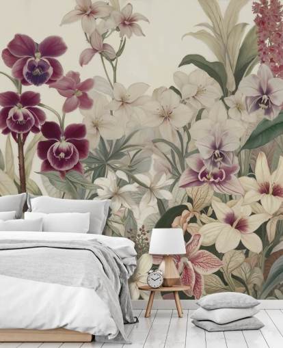 witte en paarse muurschildering met bloemenpatroon genaamd The Tenderness of Orchids van Marina Stupakova voor slaapkamers en woonkamers witte en paarse muurschildering met bloemenpatroon genaamd The Tenderness of Orchids van Marina Stupakova voor slaapkamers en woonkamers