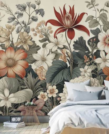 farbenfrohe Blumenmustertapete namens We Are Happy Now von Marina Stupakova für Schlafzimmer und Wohnzimmer farbenfrohe Blumenmustertapete namens We Are Happy Now von Marina Stupakova für Schlafzimmer und Wohnzimmer