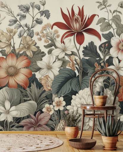 papel pintado colorido con estampado floral llamado We Are Happy Now de Marina Stupakova para dormitorios y salas de estar