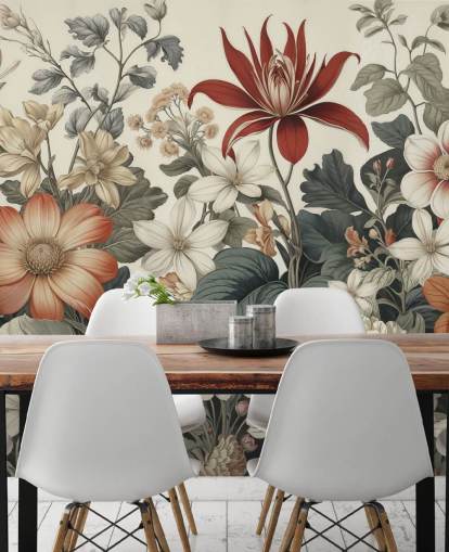 farbenfrohe Blumenmustertapete namens We Are Happy Now von Marina Stupakova für Schlafzimmer und Wohnzimmer