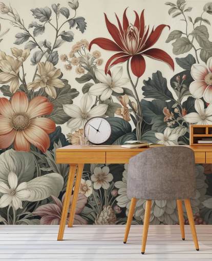 kleurrijk bloemenpatroonbehang genaamd We Are Happy Now van Marina Stupakova voor slaapkamers en woonkamers