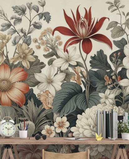 kleurrijk bloemenpatroonbehang genaamd We Are Happy Now van Marina Stupakova voor slaapkamers en woonkamers