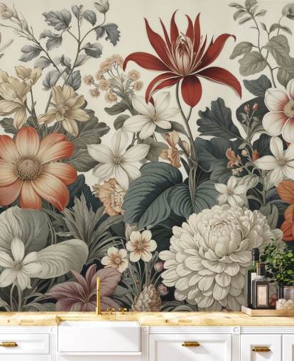 papel pintado colorido con estampado floral llamado We Are Happy Now de Marina Stupakova para dormitorios y salas de estar