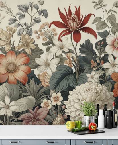 colourful floral pattern wallpaper called We Are Happy Now by Marina Stupakova for bedrooms and living rooms