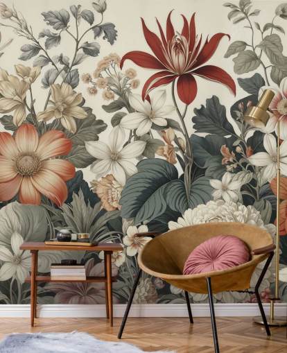 farbenfrohe Blumenmustertapete namens We Are Happy Now von Marina Stupakova für Schlafzimmer und Wohnzimmer