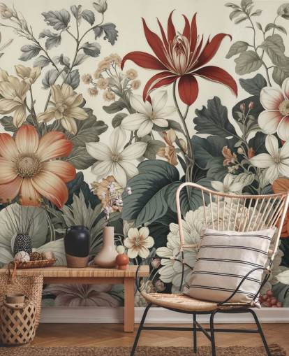 papel pintado colorido con estampado floral llamado We Are Happy Now de Marina Stupakova para dormitorios y salas de estar