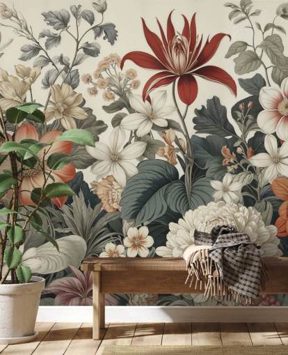 colorful floral pattern wallpaper called We Are Happy Now by Marina Stupakova for bedrooms and living rooms