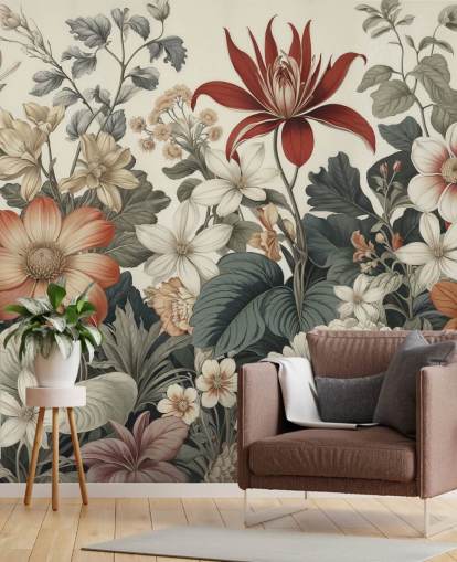 färgglada blommönster tapet som heter We Are Happy Now av Marina Stupakova för sovrum och vardagsrum färgglada blommönster tapet som heter We Are Happy Now av Marina Stupakova för sovrum och vardagsrum