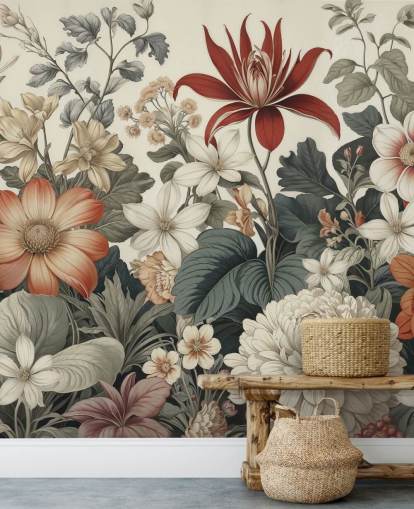 papel pintado colorido con estampado floral llamado We Are Happy Now de Marina Stupakova para dormitorios y salas de estar