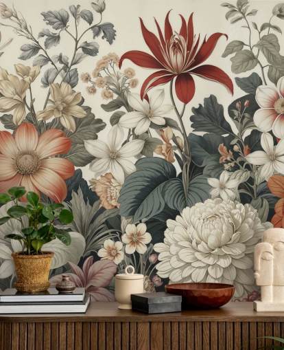 färgglada blommönster tapet som heter We Are Happy Now av Marina Stupakova för sovrum och vardagsrum