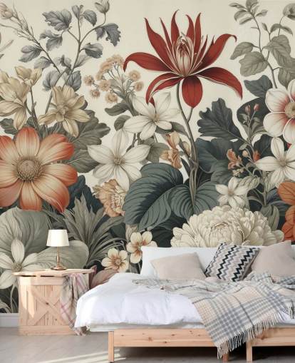 farbenfrohe Blumenmustertapete namens We Are Happy Now von Marina Stupakova für Schlafzimmer und Wohnzimmer