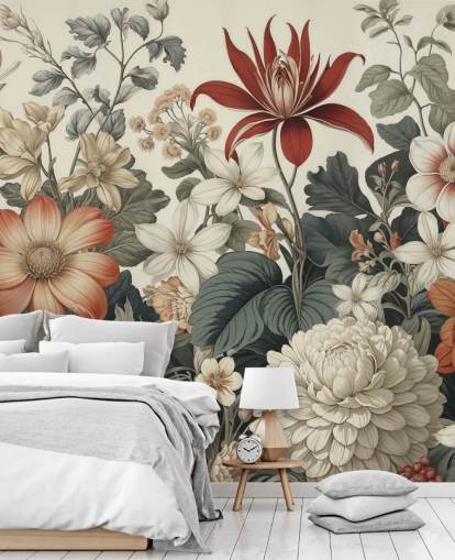 farbenfrohe Blumenmustertapete namens We Are Happy Now von Marina Stupakova für Schlafzimmer und Wohnzimmer