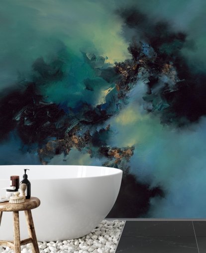 mural de papel de parede abstrato personalizável em azul-petróleo e preto chamado Bright and Bold, de Alison Johnson