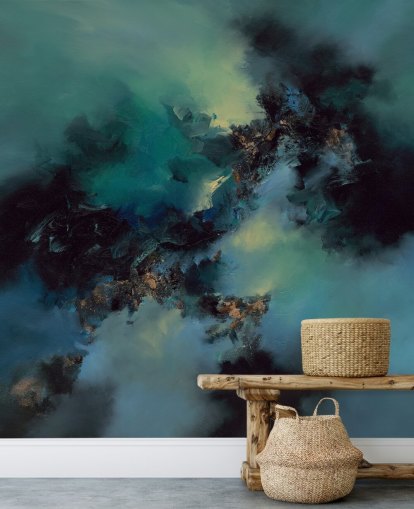 mural de papel de parede abstrato personalizável em azul-petróleo e preto chamado Bright and Bold, de Alison Johnson