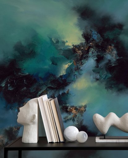 mural de papel pintado abstracto personalizable en verde azulado y negro llamado Bright and Bold de Alison Johnson