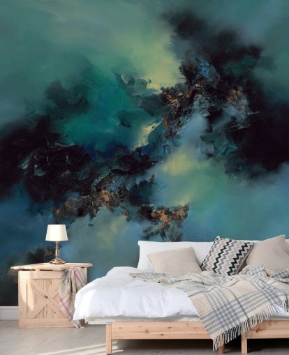 mural de papel pintado abstracto personalizable en verde azulado y negro llamado Bright and Bold de Alison Johnson