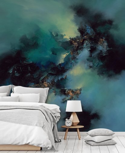 blauwgroen en zwart aanpasbare abstracte behangmuurschildering genaamd Bright and Bold van Alison Johnson