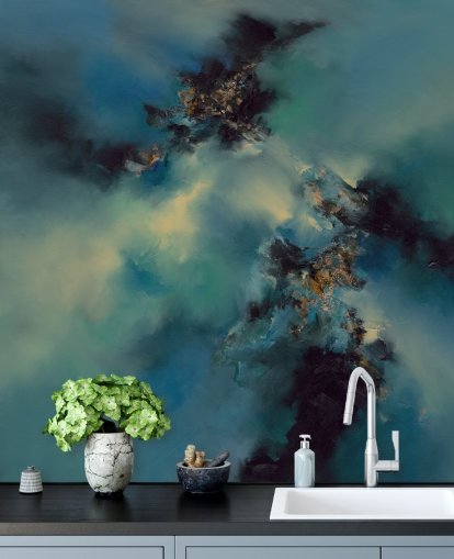 blått og svart abstrakt tapetmaleri kalt Bright and Bold II av Alison Johnson for soverom, bad og mer