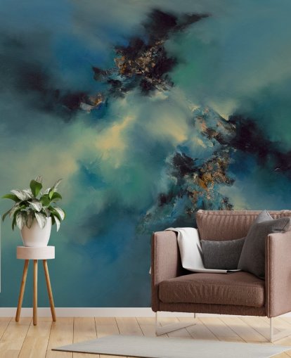 blauwe en zwarte abstracte behangmuurschildering genaamd Bright and Bold II van Alison Johnson voor slaapkamers, badkamers en meer