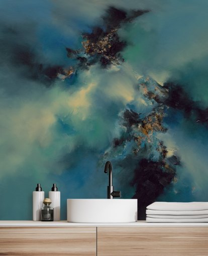 blauwe en zwarte abstracte behangmuurschildering genaamd Bright and Bold II van Alison Johnson voor slaapkamers, badkamers en meer