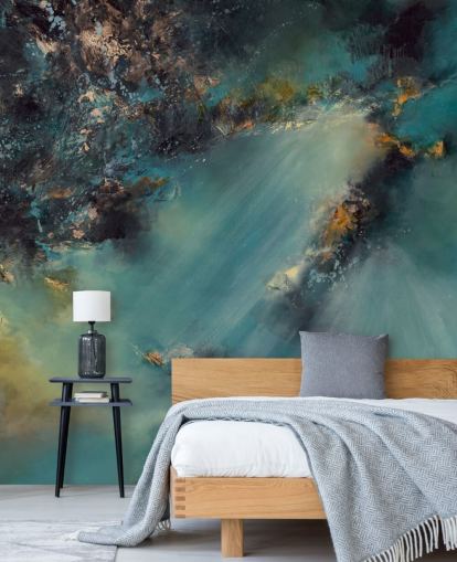 blauwgroen aanpasbare abstracte behangmuurschildering genaamd Celestial Light van Alison Johnson voor slaapkamers, woonkamers en badkamers