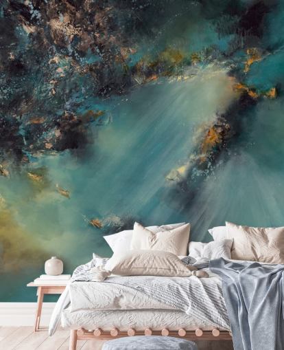 mural de papel de parede abstrato personalizável azul-petróleo chamado Celestial Light de Alison Johnson para quartos, salas de estar e banheiros mural de papel de parede abstrato personalizável azul-petróleo chamado Celestial Light de Alison Johnson para quartos, salas de estar e banheiros
