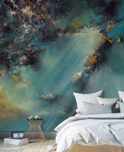 Blaugrünes, personalisierbares abstraktes Tapeten-Wandbild namens Celestial Light von Alison Johnson für Schlafzimmer, Wohnzimmer und Badezimmer