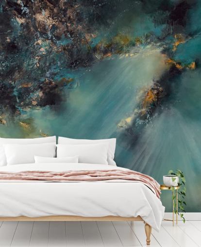 mural de papel de parede abstrato personalizável azul-petróleo chamado Celestial Light de Alison Johnson para quartos, salas de estar e banheiros