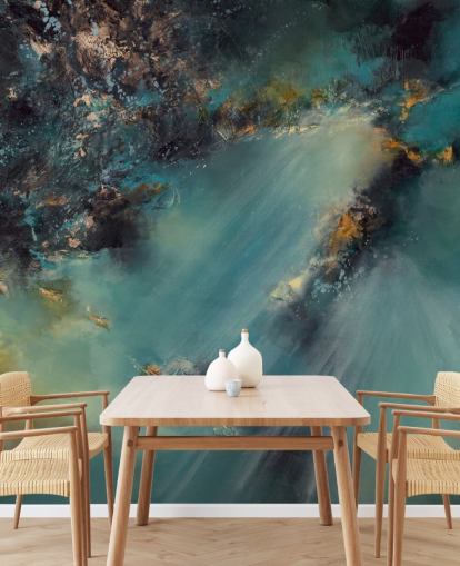 papier peint mural abstrait personnalisable bleu sarcelle appelé Celestial Light par Alison Johnson pour les chambres, les salons et les salles de bain