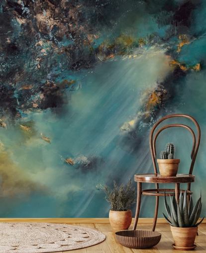 carta da parati murale astratta personalizzabile color verde acqua chiamata Celestial Light di Alison Johnson per camere da letto, salotti e bagni