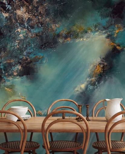 Blaugrünes, personalisierbares abstraktes Tapeten-Wandbild namens Celestial Light von Alison Johnson für Schlafzimmer, Wohnzimmer und Badezimmer