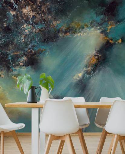 blågrønn tilpassbart abstrakt tapetmaleri kalt Celestial Light av Alison Johnson for soverom, stuer og bad