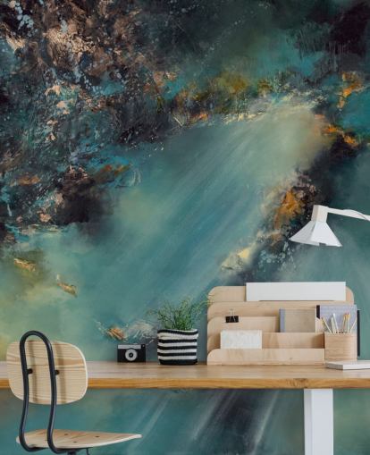 blauwgroen aanpasbare abstracte behangmuurschildering genaamd Celestial Light van Alison Johnson voor slaapkamers, woonkamers en badkamers