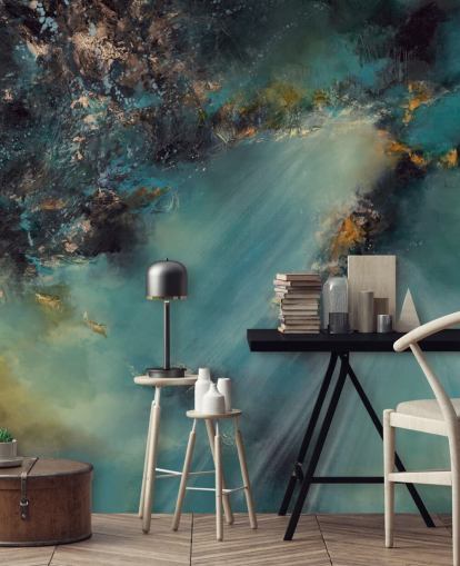 blågrön anpassningsbar abstrakt tapetväggmålning kallad Celestial Light av Alison Johnson för sovrum, vardagsrum och badrum blågrön anpassningsbar abstrakt tapetväggmålning kallad Celestial Light av Alison Johnson för sovrum, vardagsrum och badrum