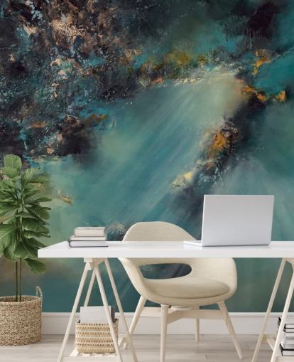 mural de papel pintado abstracto personalizable de color verde azulado llamado Celestial Light de Alison Johnson para dormitorios, salas de estar y baños