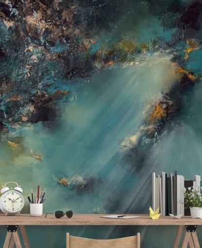 mural de papel de parede abstrato personalizável azul-petróleo chamado Celestial Light de Alison Johnson para quartos, salas de estar e banheiros mural de papel de parede abstrato personalizável azul-petróleo chamado Celestial Light de Alison Johnson para quartos, salas de estar e banheiros