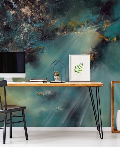 carta da parati murale astratta personalizzabile color verde acqua chiamata Celestial Light di Alison Johnson per camere da letto, salotti e bagni