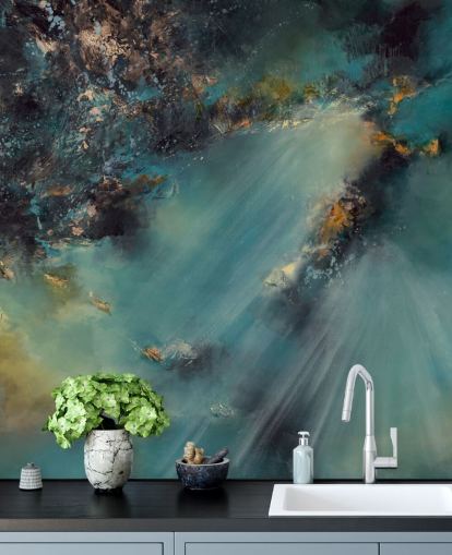 Blaugrünes, personalisierbares abstraktes Tapeten-Wandbild namens Celestial Light von Alison Johnson für Schlafzimmer, Wohnzimmer und Badezimmer