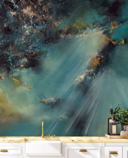 Blaugrünes, personalisierbares abstraktes Tapeten-Wandbild namens Celestial Light von Alison Johnson für Schlafzimmer, Wohnzimmer und Badezimmer