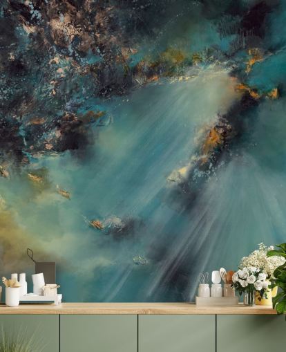 carta da parati murale astratta personalizzabile color verde acqua chiamata Celestial Light di Alison Johnson per camere da letto, salotti e bagni carta da parati murale astratta personalizzabile color verde acqua chiamata Celestial Light di Alison Johnson per camere da letto, salotti e bagni