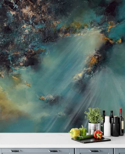 carta da parati murale astratta personalizzabile color verde acqua chiamata Celestial Light di Alison Johnson per camere da letto, salotti e bagni