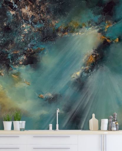 mural de papel pintado abstracto personalizable de color verde azulado llamado Celestial Light de Alison Johnson para dormitorios, salas de estar y baños